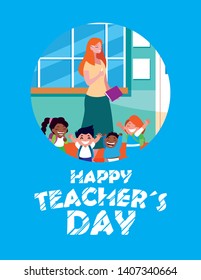 happy teacher day card with teacher female and students