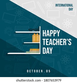Happy Teacher Day design with Bookshelf and educational background vector Illustration.