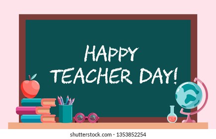 Happy teacher day greeting card. Poster concept in modern flat style. School objects on blackboard background. Vector illustration for banners, posters, card, celebration.