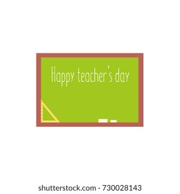 Happy teacher day greeting card template with green school board, flat cartoon vector illustration isolated on white background. School board, blackboard with Happy Teacher Day greeting text
