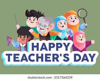 happy teacher day greeting congratulation celebrate with hijab girl and boy education knowledge study lesson