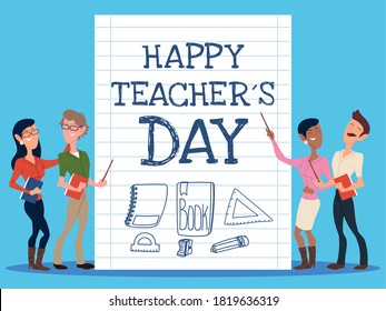 happy teacher day with group of teachers vector illustration design
