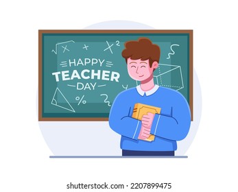 Happy Teacher Day Illustration Thank You Teacher.
Greeting happy teacher's day.
School chalkboard with teacher day text
Suitable for greeting card, banner, poster, web, landing page, etc