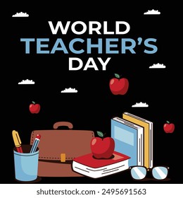 "Happy Teacher Day" The image includes illustrations of a stack of books with an apple on top, a potted plant, and a globe.
