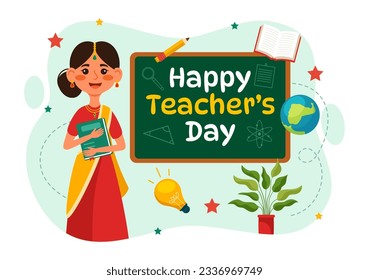 Happy Teacher day in India Vector Illustration with the Teachers Wear Traditional Clothes in Education Flat Cartoon Hand Drawn Background Templates