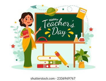 Feliz día del profesor en India Ilustración vectorial con profesores usando ropa tradicional en la educación Plano de caricatura con plantillas de fondo dibujadas