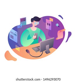 Happy Teacher Day, man learning, illustration in gradient color vector graphic