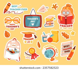 Juego de insignias de sticker del día del profesor feliz con lindas letras de caligrafía de saludo, frase de inscripción y papel educativo provee ilustración vectorial. Etiqueta escolar para felicitación y invitación