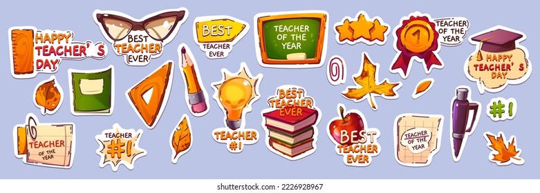 Happy teacher day stickers pack, cartoon glasses, blackboard, textbook or ruler, pencil, light bulb, autumn maple leaves, pen and apple. Notebook pages, pen, academic cap and stars Vector patches set