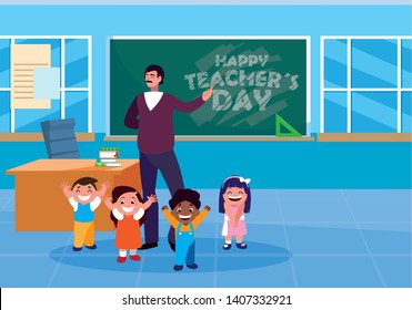 happy teacher day with teacher and students in classroom