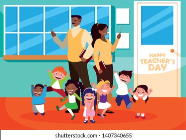 happy teacher day with teachers and students in school