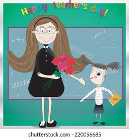 Happy teacher day. Template for card. Vector illustration for  greeting from student and flower
