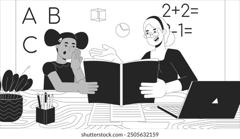 Happy Lehrer erklärt Lektion zu kleinen Mädchen schwarz-weiße Linie Illustration. Tutor mit Schüler lernen abc 2D-Zeichen monochromen Hintergrund. Grundschulkontur, Vektorbild