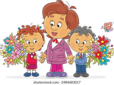 Maestro feliz y niño pequeño divertido y niña con flores de colores en unas vacaciones en el jardín de infantes o escuela primaria, ilustración de dibujos animados de Vector sobre un fondo blanco