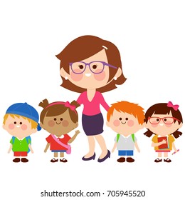 Happy teacher and her group of little children students. Vector illustration.
