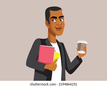 
Happy Teacher Holding Textbooks and Coffee Vector Cartoon Illustration. Man learning a new professional skill on his own via self-education
