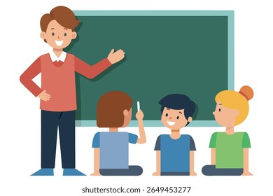 Happy teacher instructing diverse elementary school children at chalkboard; cheerful classroom scene, flat vector illustration.