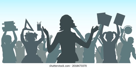 Happy teacher on background of cheerful crowd of school children or pupils with school supplies. Silhouette. Vector illustration