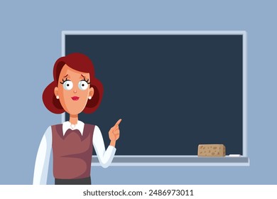 
Happy Teacher Pointing to a Blackboard Vector Cartoon illustration. Professor explaining and showing the chalkboard 
