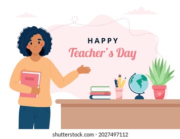 Happy teacher s day concept. Black female teacher in classroom. School and learning. Cute vector illustration in flat cartoon style