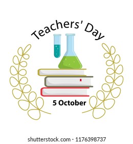 Happy teacher s day funny concept. Stock vector. A stack of books and flasks for experiments.