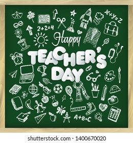 Happy teacher s day vector illustration in chalkboard style and lettering phrase.