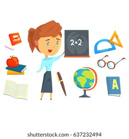 Happy teacher standing next to a blackboard, set for label design. Work in the school, stationery. Colorful cartoon detailed Illustrations