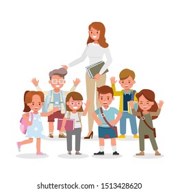 Happy teacher and student character vector design. Presentation in various action with emotions, standing and walking.