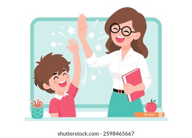 Happy teacher and student high-fiving in classroom during learning session