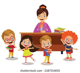 happy teacher and students in classroom