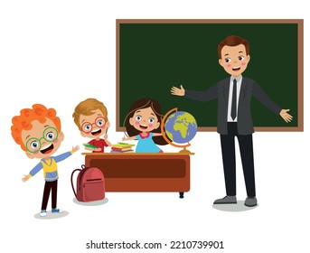 happy teacher and students in classroom