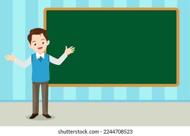 Happy Teacher Teaching Students In Classroom with chalkboard