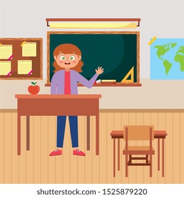 happy teacher waving hand at school. vector illustration