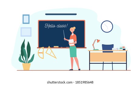 Happy teacher welcoming students in classroom, standing at blackboard with Hello Class inscription. Vector illustration for back to school, education concept