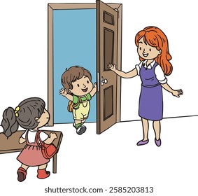 Happy Teacher Welcoming Young Students to the Classroom - Back to School Concept Illustration