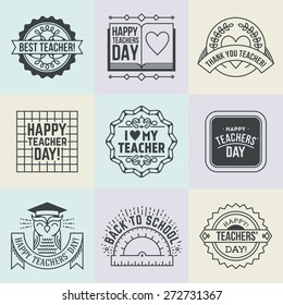 Happy Teachers` Day assorted design insignias logotypes set 2. Thank you signs for teacher appreciation. Vector symbols elements. Thank you notes for teacher.