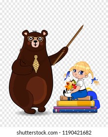 Happy teachers day, back to school vector illustration of cartoon bear teacher holding pointer and school girl with leaves bouquet sitting on books pile isolated on transparent background, clip art.
