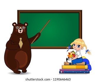 Happy teachers day, back to school vector illustration of cartoon bear teacher holding pointer and school girl with leaves bouquet sitting on books pile near clean blackboard on white background.