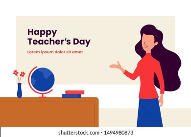Happy teacher's day background poster template. Long hair woman teacher with explain gesture hand vector illustration in front of the class room scene. Simple flat color graphic design