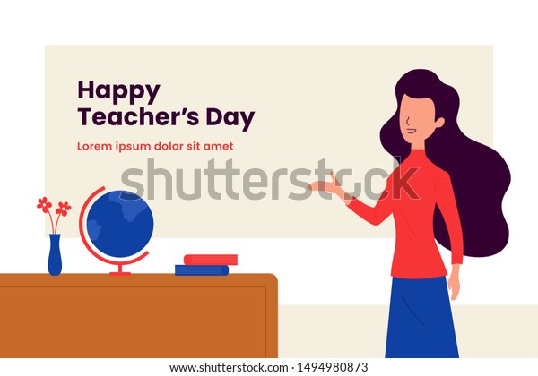 Happy\
teacher\'s day background poster template. Long hair woman teacher\
with explain gesture hand vector illustration in front of the class\
room scene. Simple flat color graphic\
design