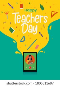 Happy Teacher's day background template with study doodle. teacher teaching online.
