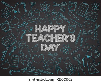 Happy Teacher's Day - banner with funny doodles on blackboard. Vector.