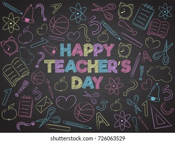 Happy Teacher's Day - banner with funny doodles on blackboard. Vector.