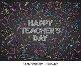 Happy Teacher's Day - banner with funny doodles on blackboard. Vector.