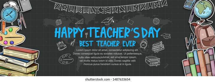 happy teachers day banner with school equipment. vector illustration