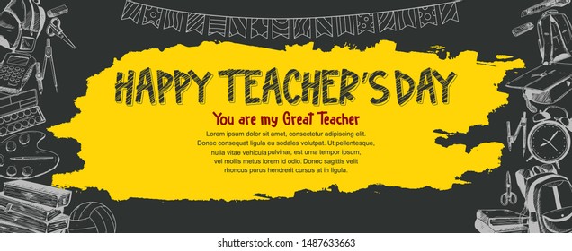 happy teachers day banner with school equipment. vector illustration