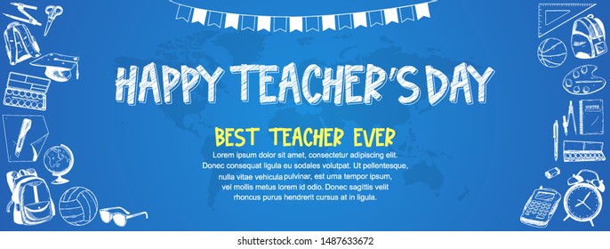 happy teachers day banner with school equipment. vector illustration