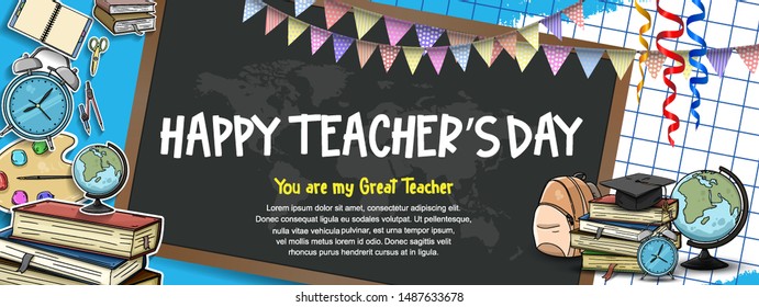 happy teachers day banner with school equipment. vector illustration