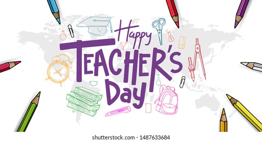 happy teachers day banner with school equipment. vector illustration