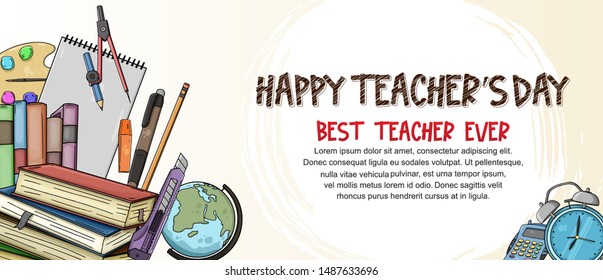 happy teachers day banner with school equipment. vector illustration
